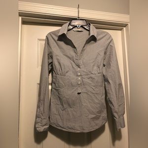 Zara Basic Large Long Sleeve White Gray Stripe Belted Tie Collared Blouse